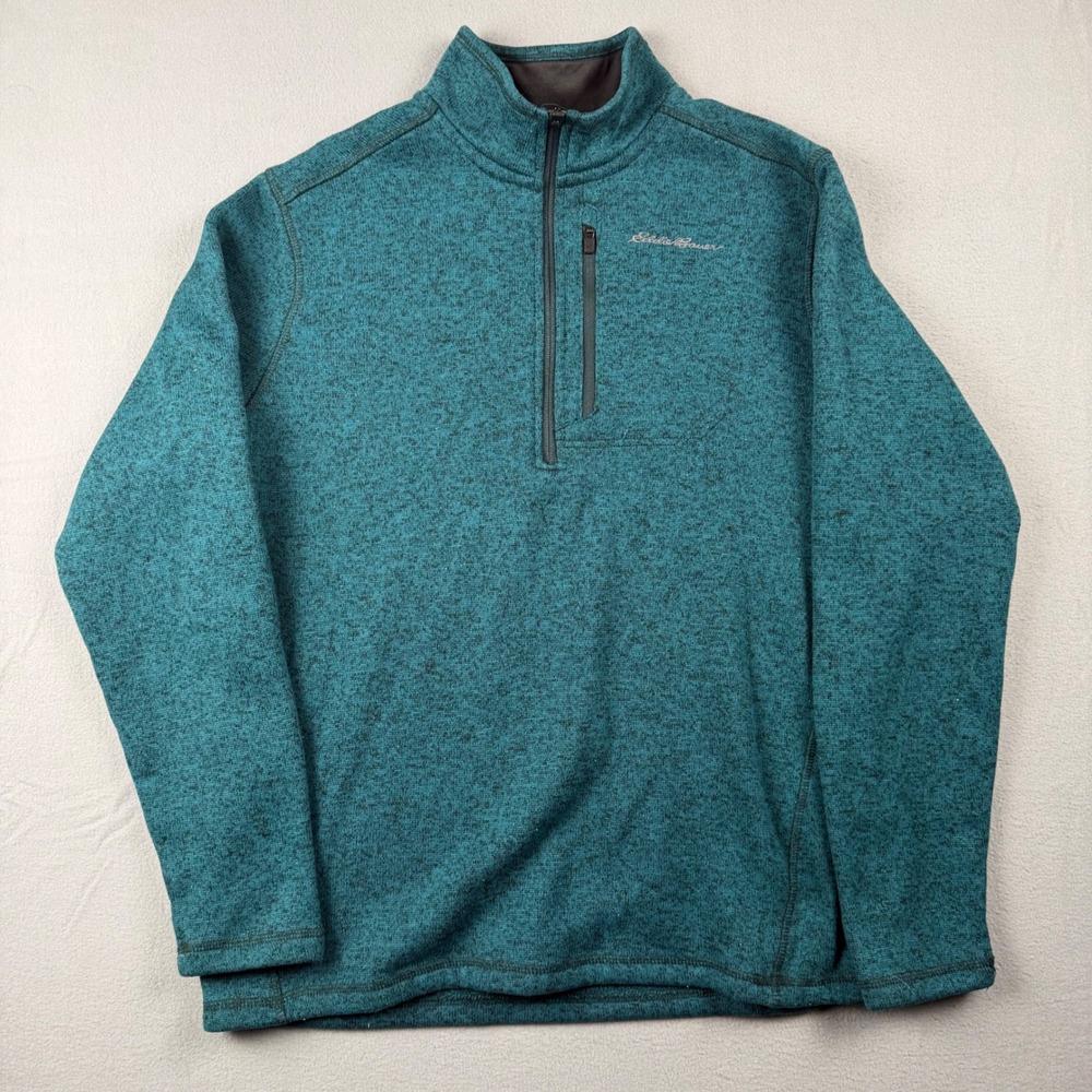 Eddie Bauer Mens Large Teal Marl Quarter Zip Pullover Sweater Outdoor Hiking